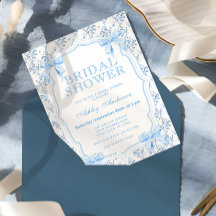 Elegante Blue Bow Coquette Bridal Shower Invitació