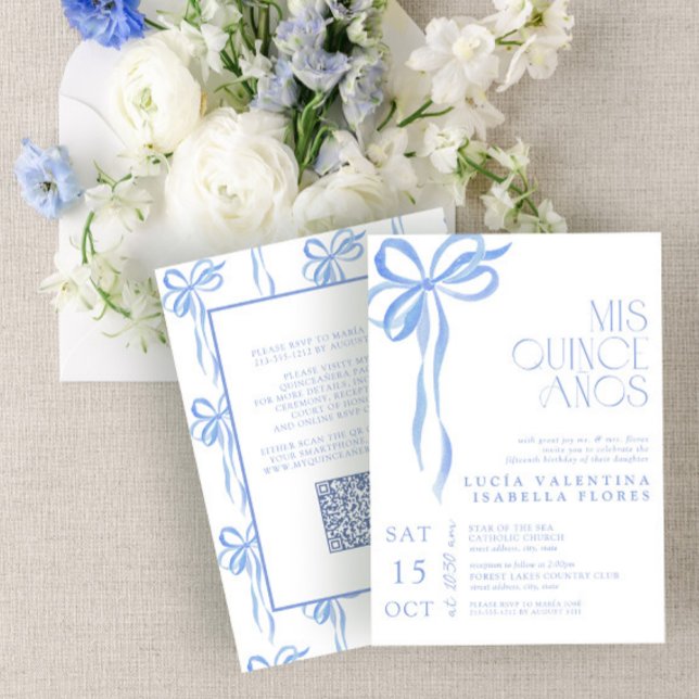 Invitación Elegante Blue Bow Mis Quince Años QR Quinceañera (Subido por el creador)