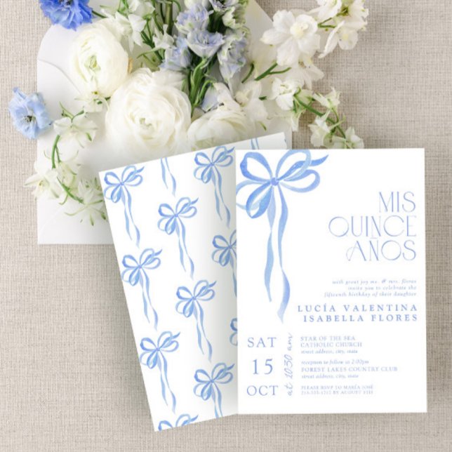 Invitación Elegante Blue Bow Mis Quince Años Quinceañera (Subido por el creador)