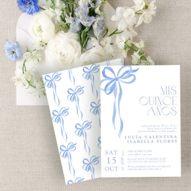 Invitación Elegante Blue Bow Mis Quince Años Quinceañera (Subido por el creador)