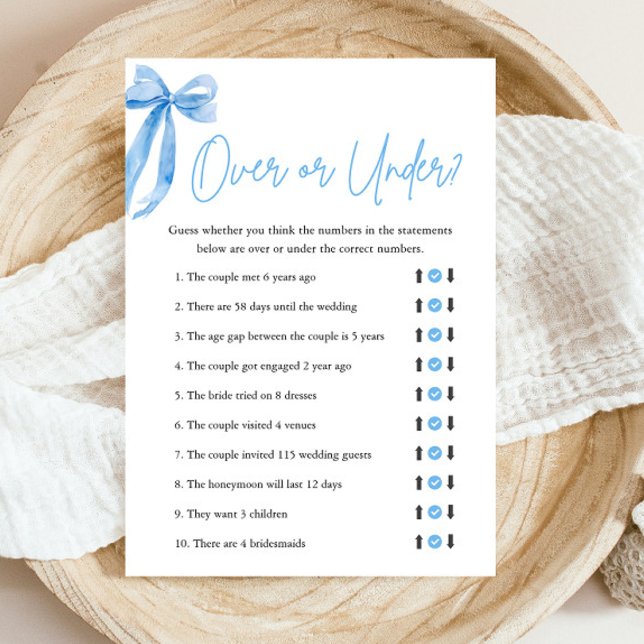 Invitación Elegante Blue Bow Over o Under Bridal Shower Game (Modern Elegant Watercolor Dusty Blue Bow Over or Under Bridal Shower Game)