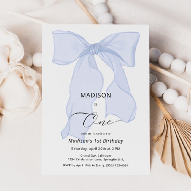 Invitación Elegante Blue Bow Primer cumpleaños (Subido por el creador)