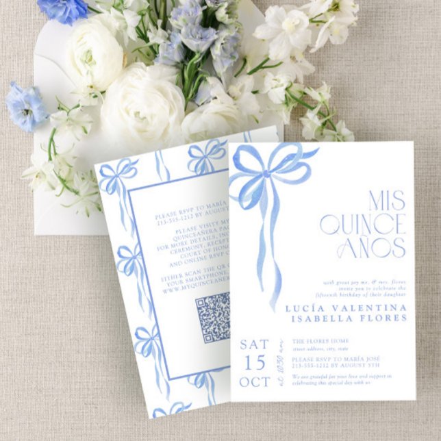 Invitación Elegante Blue Bow QR Mis Quince Años Quinceañera (Subido por el creador)