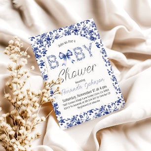 Invitación Elegante Blue Bow Toile de Jouy Floral Baby Shower