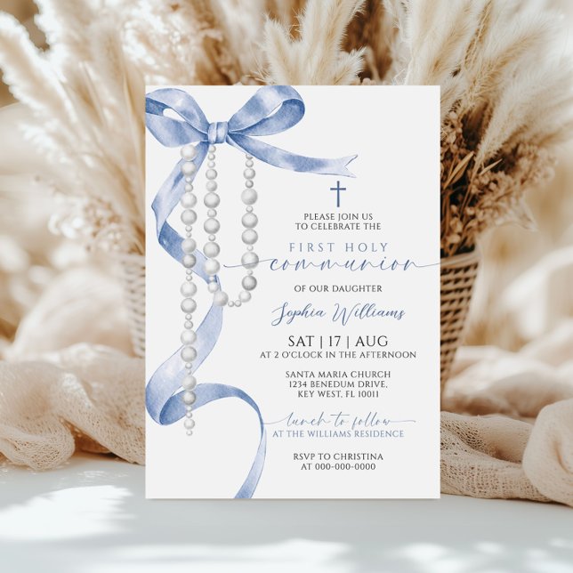 Invitación Elegante Blue Bow y Rosary Primera Comunión Santa (Subido por el creador)