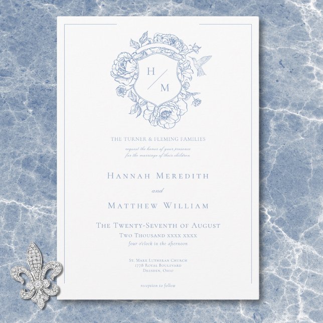 Invitación Elegante Blue Chinoiserie Boda de pájaros y Escudo (Elegant Blue Chinoiserie Bird & Crest Wedding Invitation)