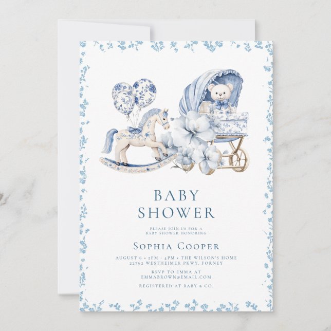 Invitación Elegante Blue Chinoiserie Boy Baby Shower (Anverso)