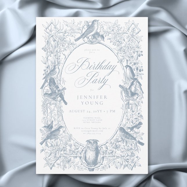 Invitación Elegante Blue Chinoiserie Naturaleza y Aves Cumple (Elegant Blue Chinoiserie Nature & Birds Birthday Invitation)