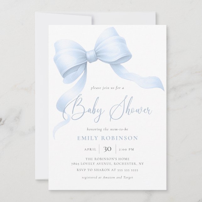Invitación Elegante Blue Coquette Bow Boy Baby Shower (Anverso)