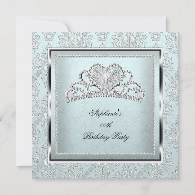 Invitación Elegante Blue Damask Silver Tiara Cumpleaños (Anverso)