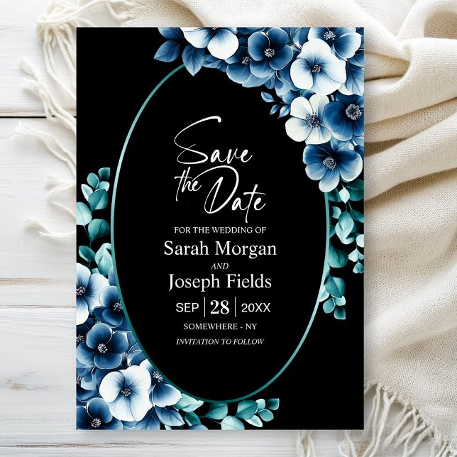 Invitación Elegante Blue Floral Black Oval Save the Date (Subido por el creador)