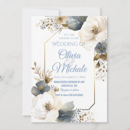 Invitación Elegante Blue Floral Boda Watercolor Gold Frame