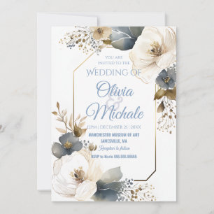 Invitación Elegante Blue Floral Boda Watercolor Gold Frame