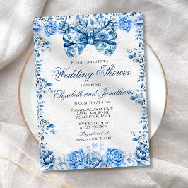 Invitación Elegante Blue Floral Bow Boda Couples Ducha
