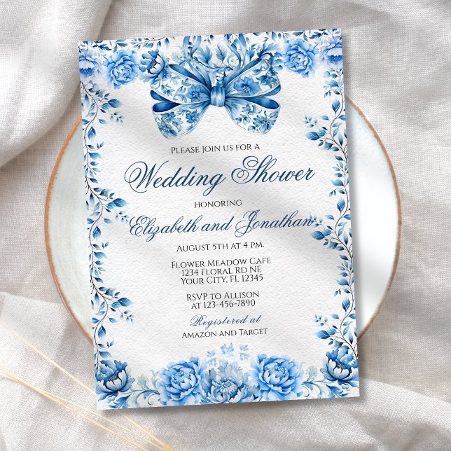 Invitación Elegante Blue Floral Bow Boda Couples Ducha (Subido por el creador)
