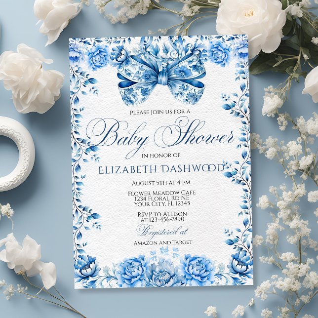 Invitación Elegante Blue Floral Bow Moda Baby Shower (Subido por el creador)