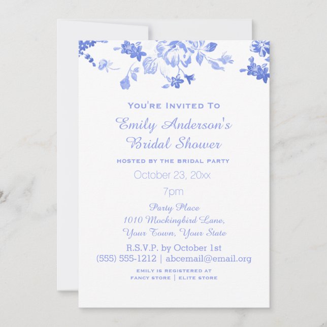 Invitación Elegante Blue Floral Bridal Shower Hosted (Anverso)