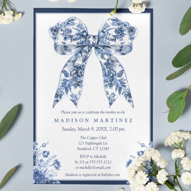 Invitación Elegante Blue Floral Coquette Bow Boy Baby Shower (Subido por el creador)