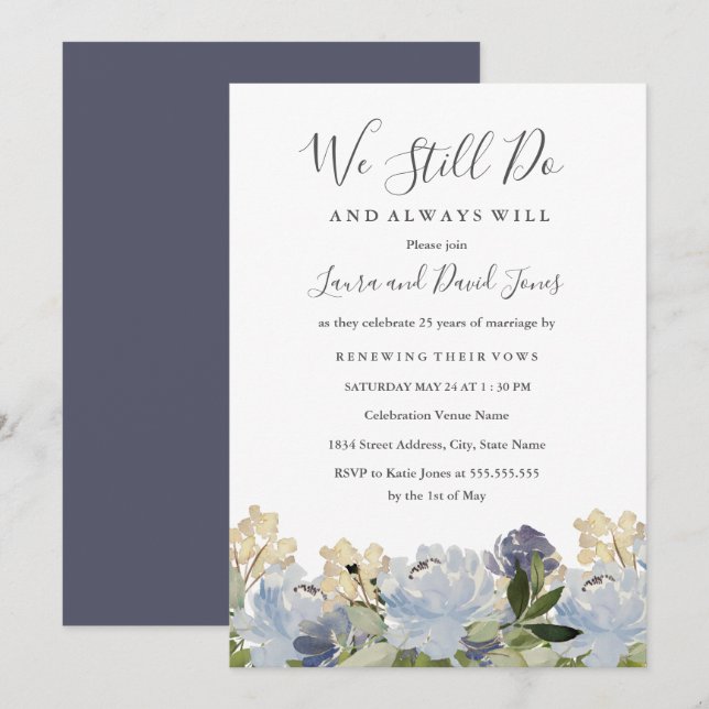 Invitación Elegante Blue Floral Garden Wedding Vow Renovación (Anverso / Reverso)
