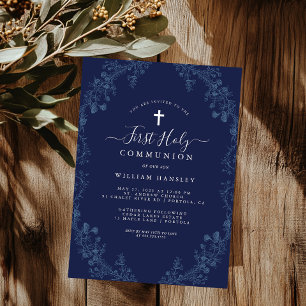 Invitación Elegante Blue Floral Leaf Boys Primera Comunión