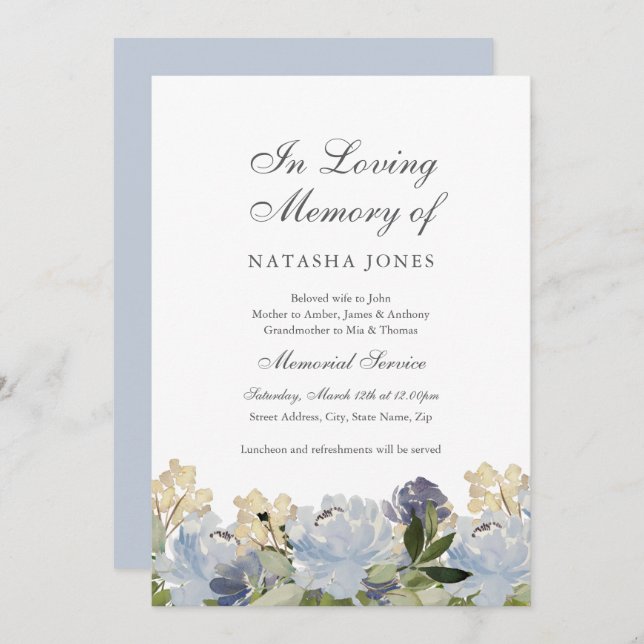 Invitación Elegante Blue Floral Memorial Service (Anverso / Reverso)