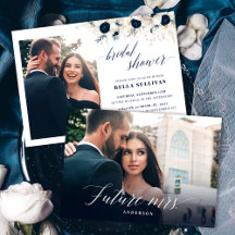 Elegante Blue Floral Photo Bridal Shower