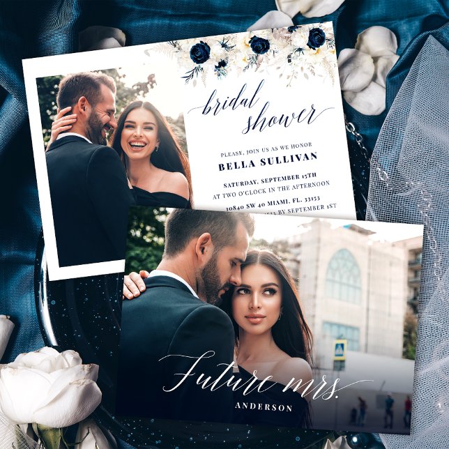 Invitación Elegante Blue Floral Photo Bridal Shower (Subido por el creador)