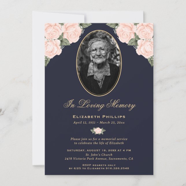 Invitación Elegante Blue Floral Photo Funeral Memorial Servic (Anverso)