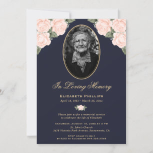 Invitación Elegante Blue Floral Photo Funeral Memorial Servic
