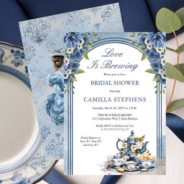 Invitación Elegante Blue Floral Tea Set Bridal Tea Shower (Elegant Blue Floral Tea Set Bridal Shower Tea Party Invitation)