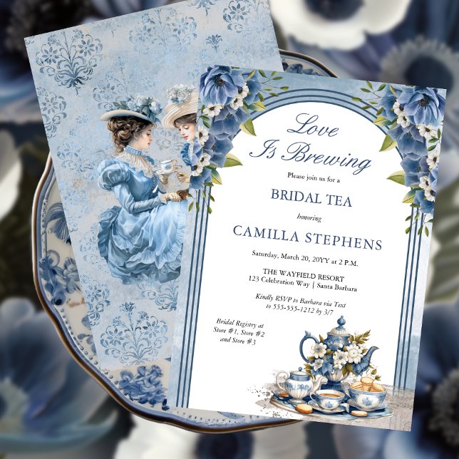 Invitación Elegante Blue Floral Tea Set Bridal Tea Shower (Elegant Blue Floral Tea Set Bridal Shower Tea Party Invitation)