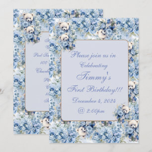 Invitación Elegante Blue Floral Teddy Bear Cumpleaños