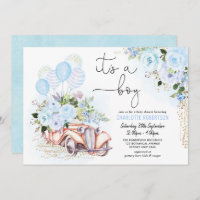 Elegante Blue Floral Vintage Car Boy Baby Shower