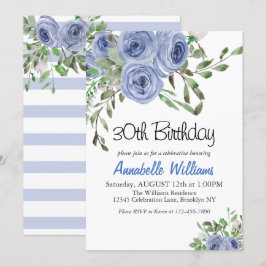 Invitación Elegante Blue Floral Watercolor Stripes Cumpleaños