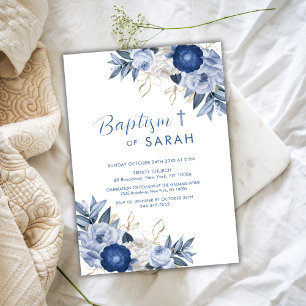 Invitación Elegante Blue Flower Baptism Christening Cross