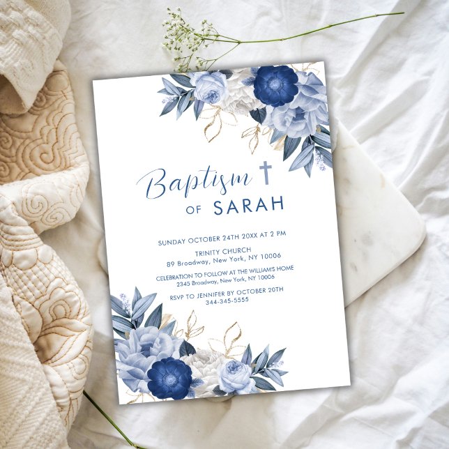 Invitación Elegante Blue Flower Baptism Christening Cross (Elegant Blue Flower Baptism Christening Cross Invitation)