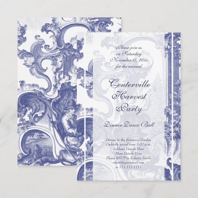 Invitación Elegante Blue French Baroque Toile (Anverso / Reverso)