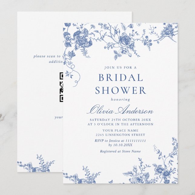 Invitación Elegante Blue French Garden BRIDAL SHOWER código Q (Anverso / Reverso)