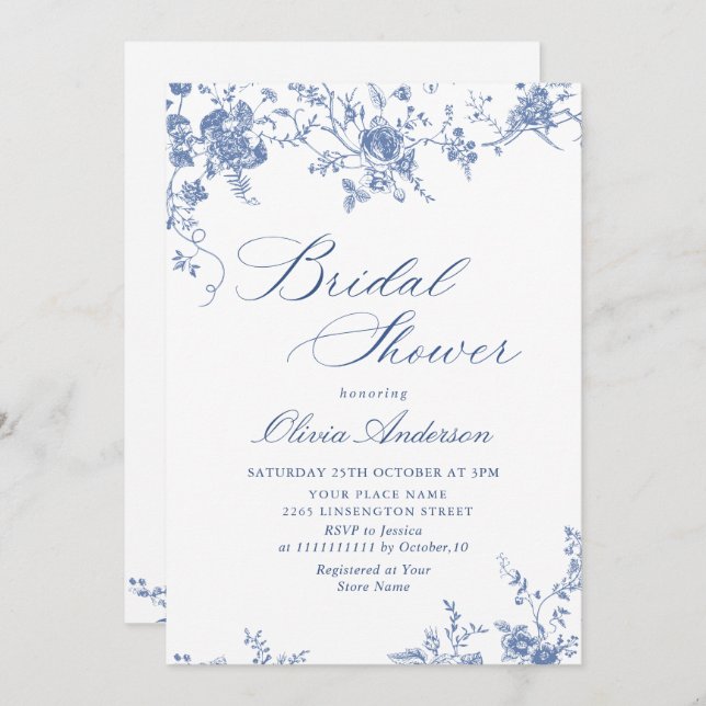 Invitación Elegante Blue French Garden BRIDAL SHOWER código Q (Anverso / Reverso)