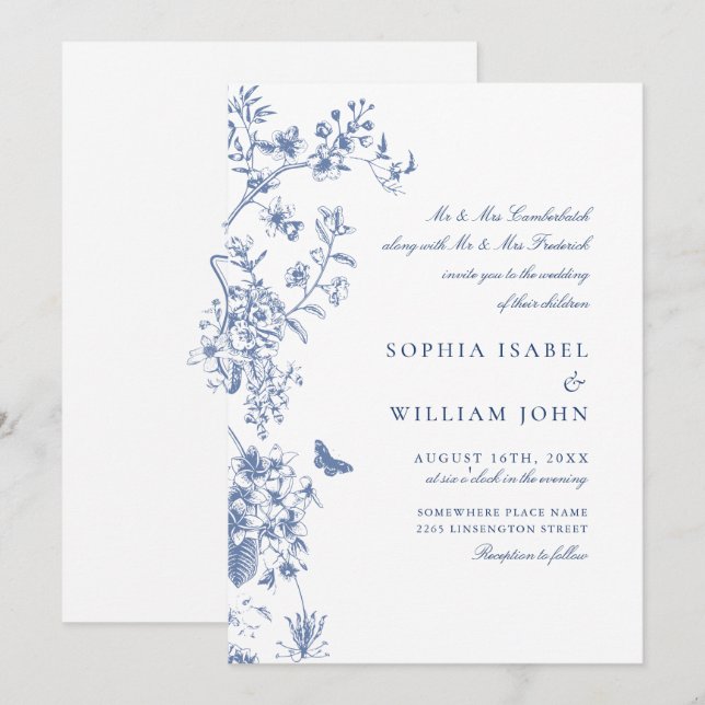 Invitación Elegante Blue French Garden Wedding (Anverso / Reverso)