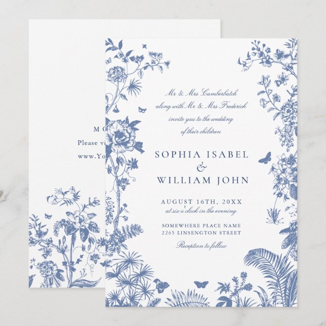 Invitación Elegante Blue French Garden Wedding (Anverso / Reverso)
