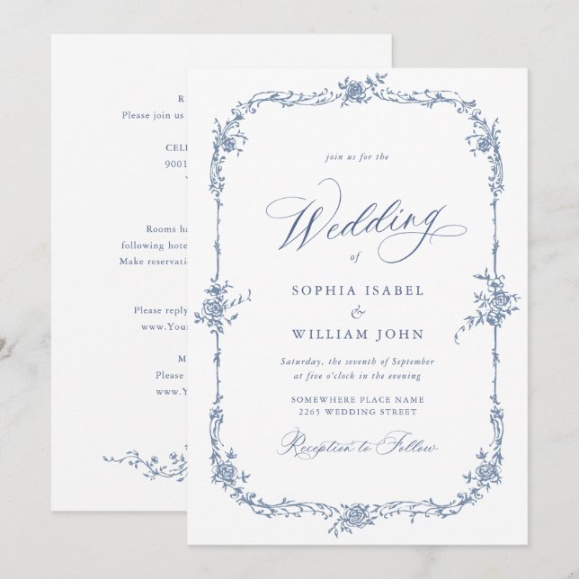 Invitación Elegante Blue French Garden Wedding All in One (Anverso / Reverso)