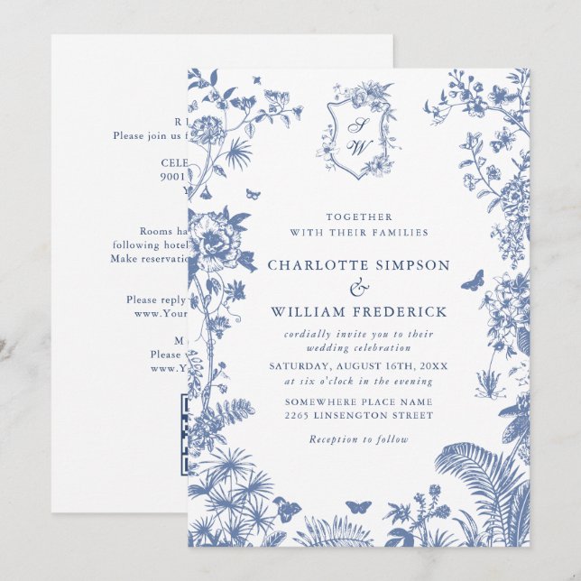 Invitación Elegante Blue French Garden Wedding All in One (Anverso / Reverso)
