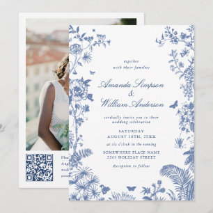 Invitación Elegante Blue French Garden Wedding Foto código QR