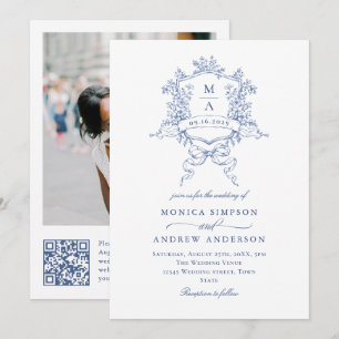 Invitación Elegante Blue French Garden Wedding Foto código QR