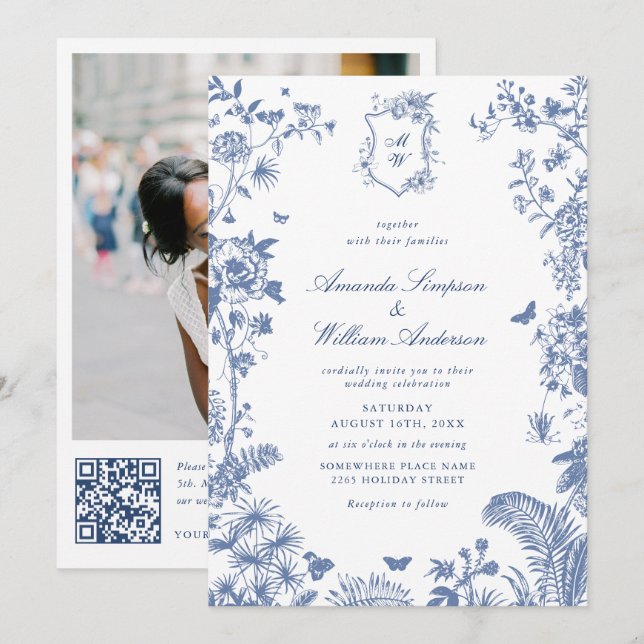 Invitación Elegante Blue French Garden Wedding Foto código QR (Anverso / Reverso)