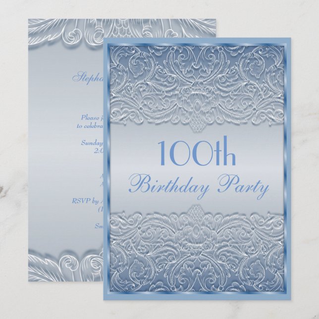 Invitación Elegante Blue French Lace 100 cumpleaños (Anverso / Reverso)