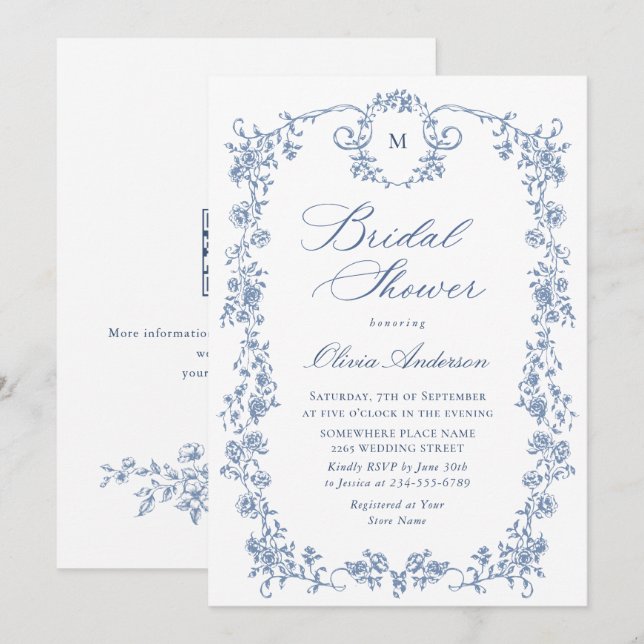 Invitación Elegante Blue French Toile Garden Bridal Shower (Anverso / Reverso)