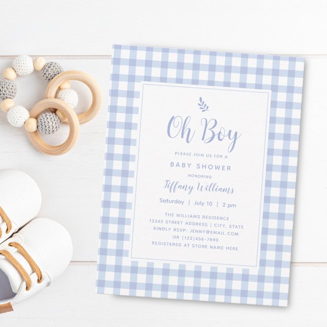 Invitación Elegante Blue Gingham Plaid Cute Oh Boy Baby Showe (Subido por el creador)