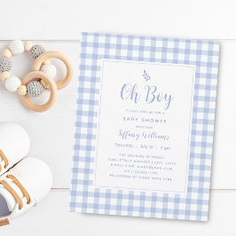 Invitación Elegante Blue Gingham Plaid Cute Oh Boy Baby Showe